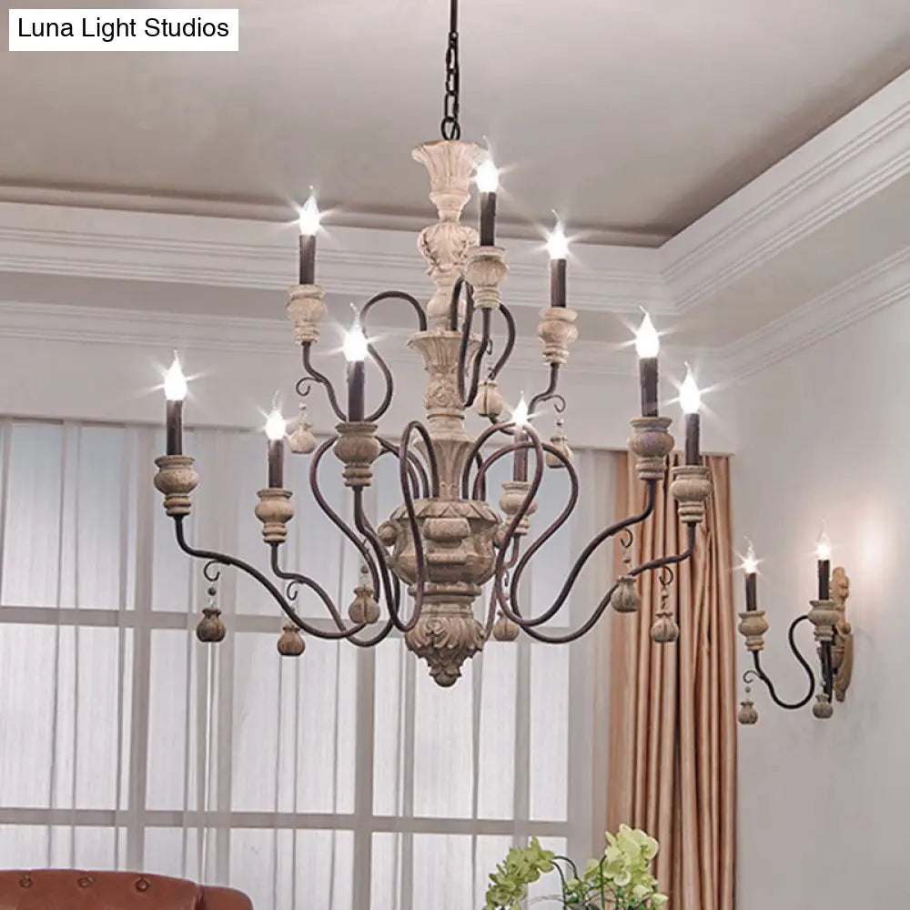 Traditional Wooden Candelabra Ceiling Chandelier For Dining Room With Curved Rustic Arm
