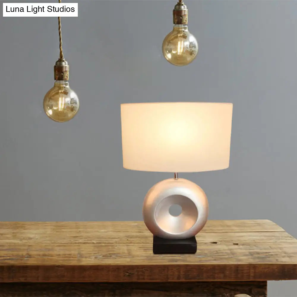 Transitional Resin Table Light With Silver/Black Finish Rectangle/Drum Fabric Shade And 1 Bulb