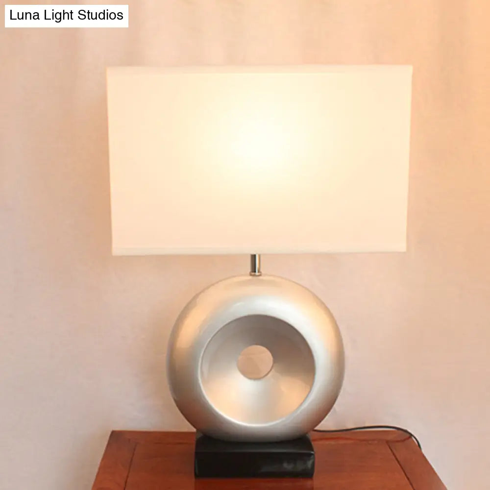 Transitional Resin Table Light With Silver/Black Finish Rectangle/Drum Fabric Shade And 1 Bulb