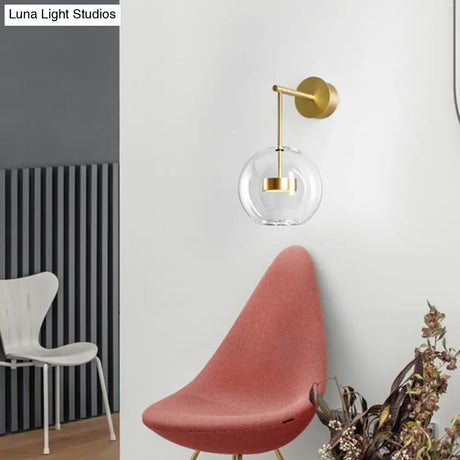 Transparent Glass Bedside Led Wall Lamp In Gold - Minimalist Sphere Hanging Light