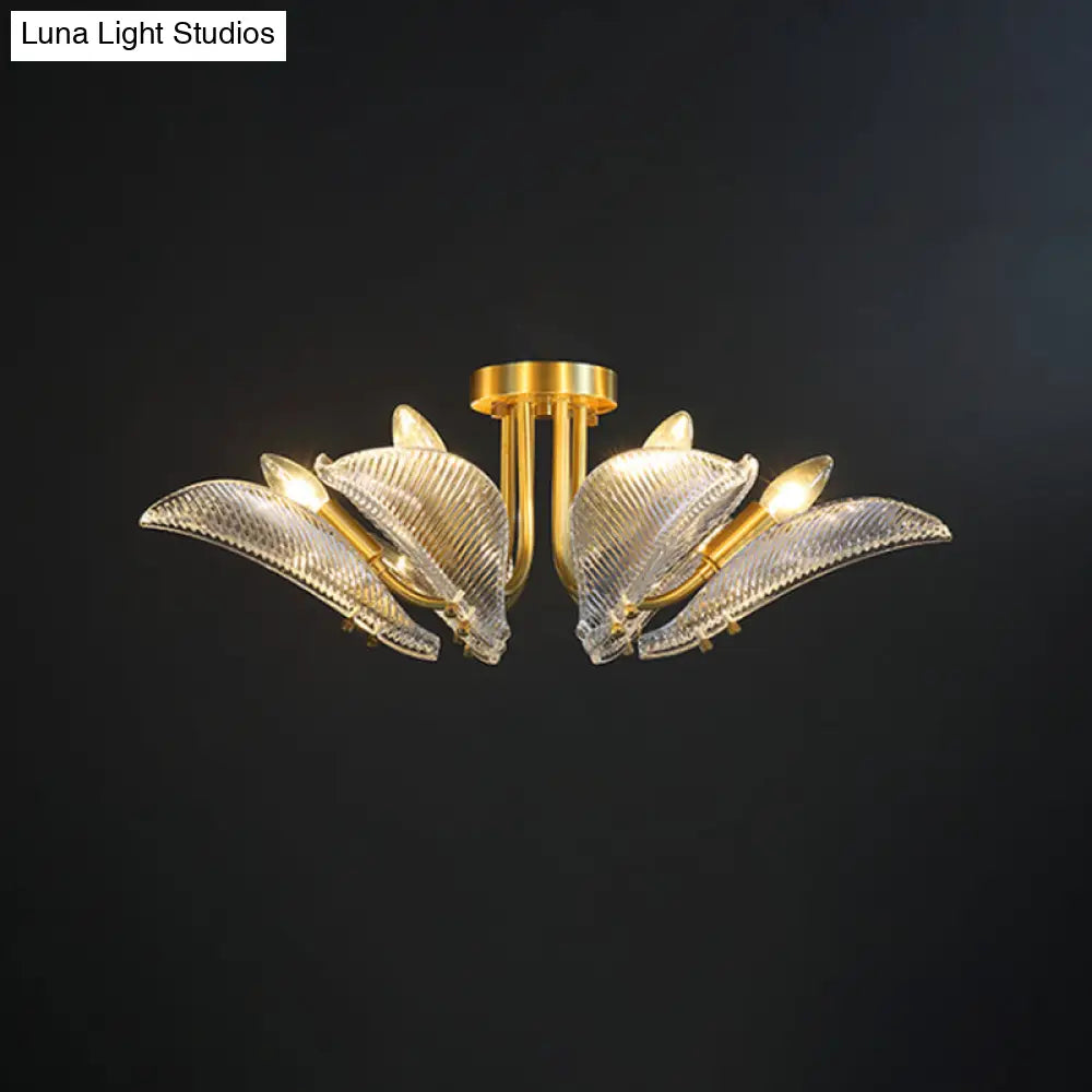 Transparent Glass Ceiling Lamp With Brass Leaf Design - Semi Flush Mount Light For Bedroom (6 Heads)