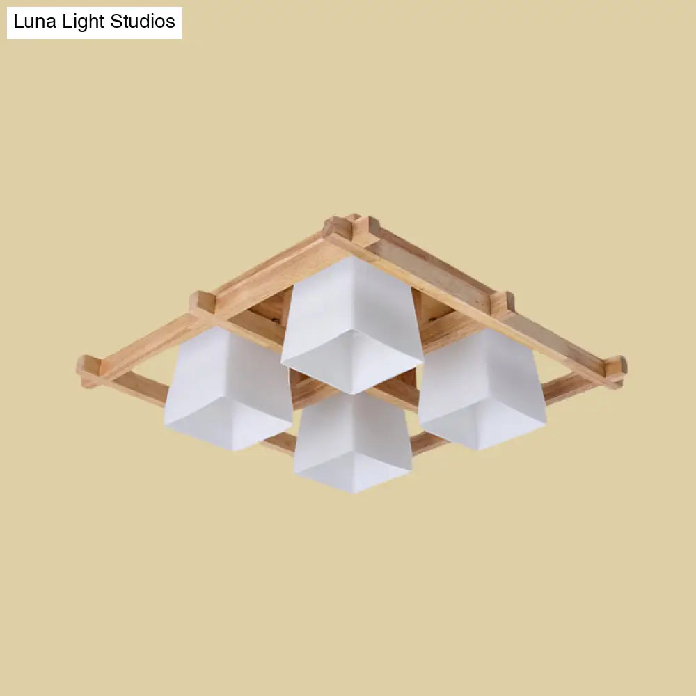 Trapezoid Glass Flush Light: Japanese 4/6-Bulb Ceiling Fixture With Wood Grid Frame