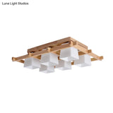 Trapezoid Glass Flush Light: Japanese 4/6-Bulb Ceiling Fixture With Wood Grid Frame