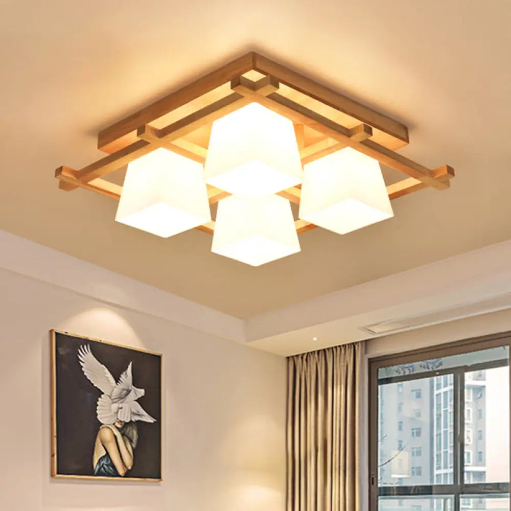 Trapezoid Glass Flush Light: Japanese 4/6-Bulb Ceiling Fixture With Wood Grid Frame 4 / White