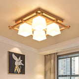 Trapezoid Glass Flush Light: Japanese 4/6-Bulb Ceiling Fixture With Wood Grid Frame 4 / White