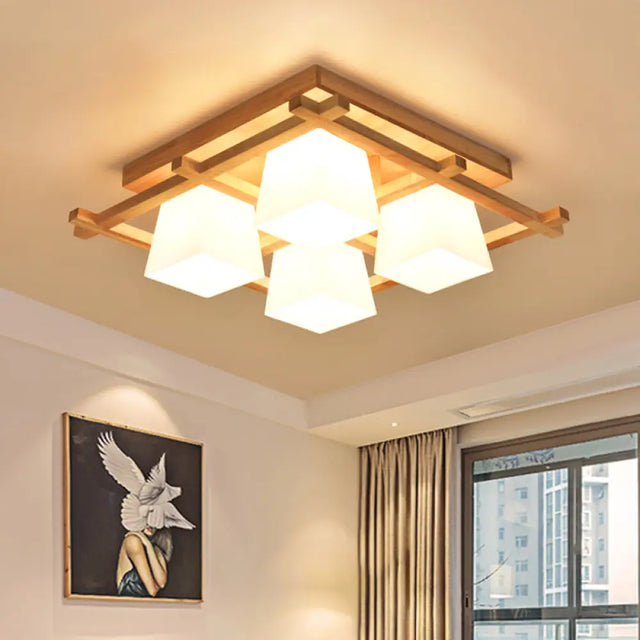 Trapezoid Glass Flush Light: Japanese 4/6-Bulb Ceiling Fixture With Wood Grid Frame 4 / White