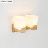 Trapezoid Glass Wall Sconce Light With Wood Backplate - White Bedside Mount