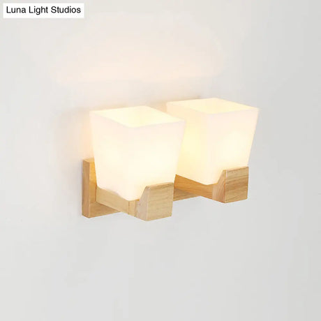 Trapezoid Glass Wall Sconce Light With Wood Backplate - White Bedside Mount