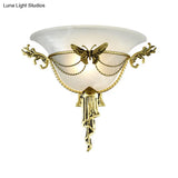 Trumpet Flare Milk Glass Sconce Light With Brass Butterfly Deco - Wall Mounted Lamp