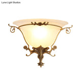 Trumpet Flare Sconce Light With Traditionary Milk Glass Brass Finish And Vine Decoration