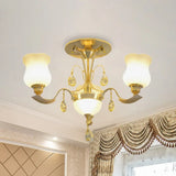 Tulip Flower Semi Flush Gold Ceiling Light For Modern Bedrooms - 3 - Light Milk Glass