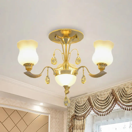 Tulip Flower Semi Flush Gold Ceiling Light For Modern Bedrooms - 3 - Light Milk Glass
