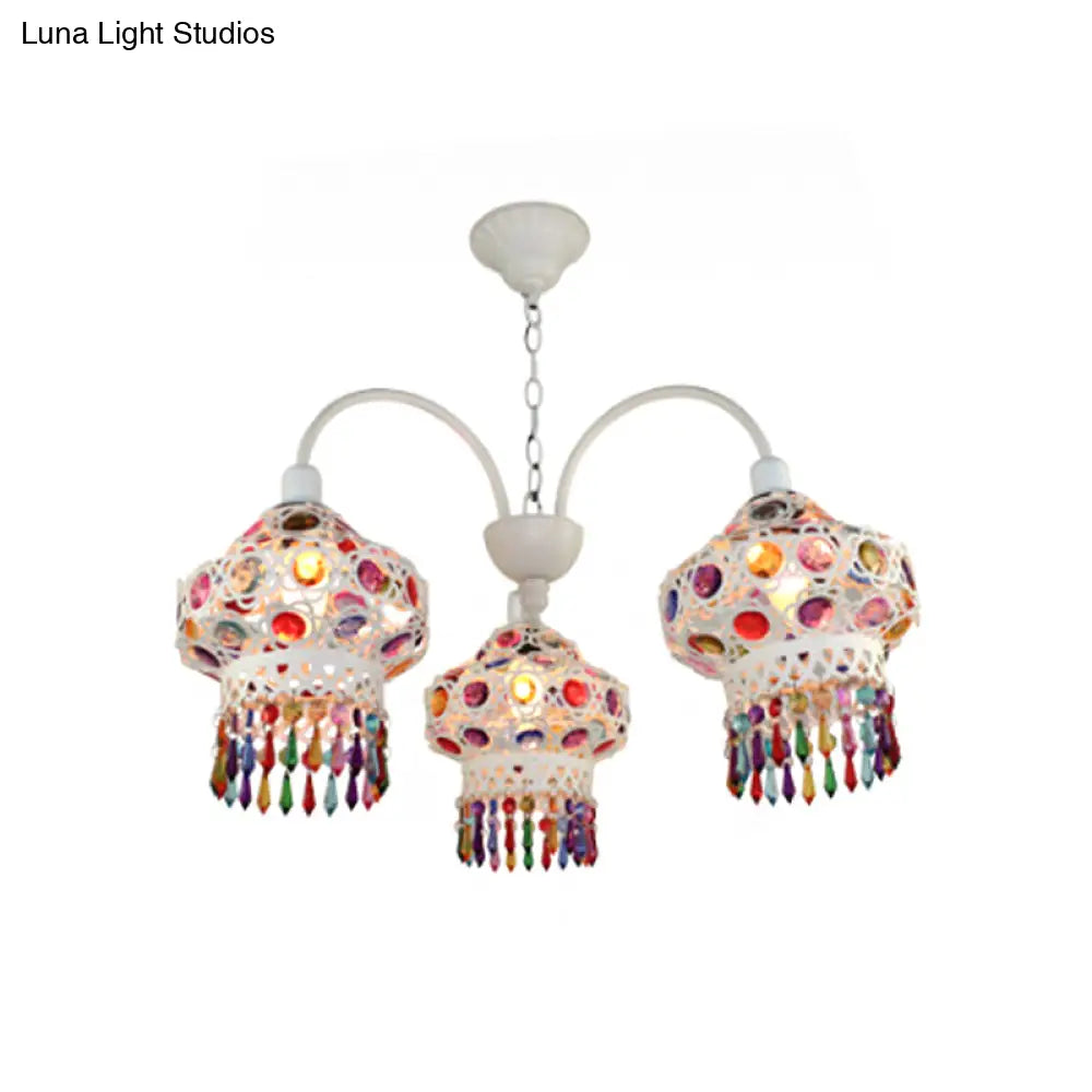 Turkish Beaded Lantern Chandelier - 3 Head White/Red Acrylic Hollowed-Out Ceiling Light For Dining