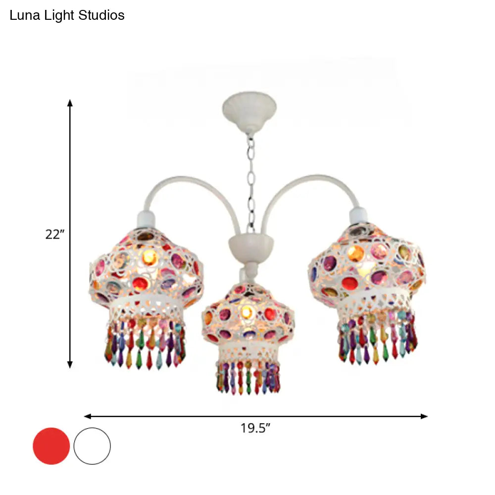 Turkish Beaded Lantern Chandelier - 3 Head White/Red Acrylic Hollowed-Out Ceiling Light For Dining