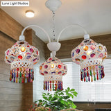 Turkish Beaded Lantern Chandelier - 3 Head White/Red Acrylic Hollowed-Out Ceiling Light For Dining