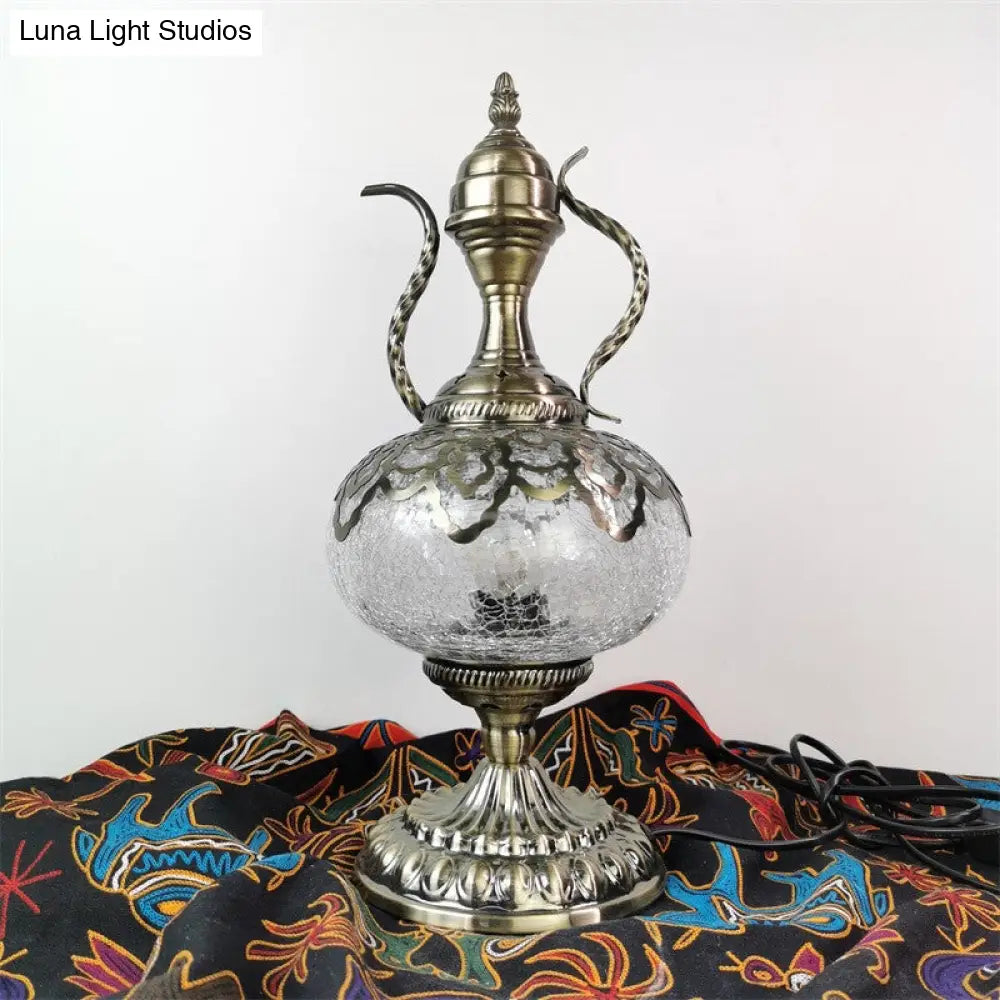 Turkish Crackle Glass Bronze Teapot Table Light 6.5/7 Width 1-Bulb Nightstand Lamp For Living Room