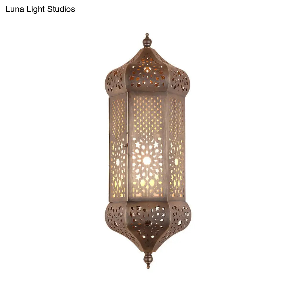 Turkish Iron Hollow-Out Wall Light With Antiqued Brass Finish - 1 Bulb Living Room Lantern Sconce
