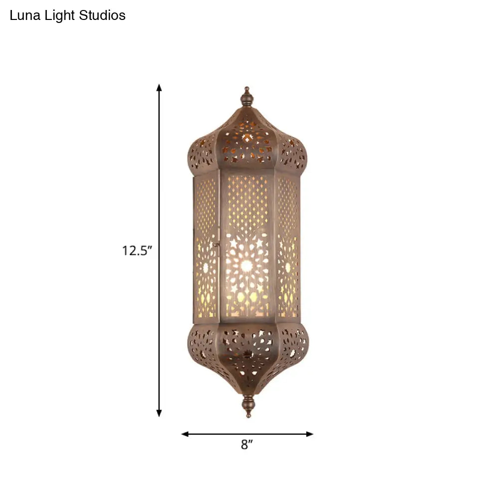 Turkish Iron Hollow-Out Wall Light With Antiqued Brass Finish - 1 Bulb Living Room Lantern Sconce
