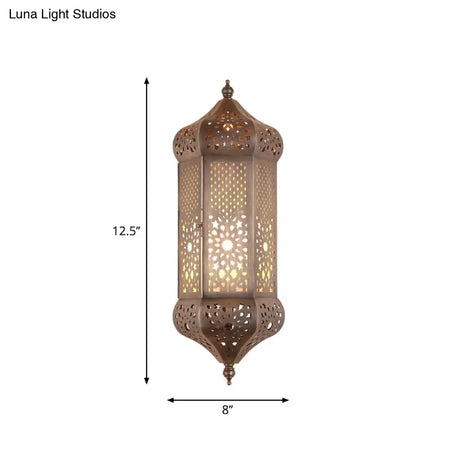 Turkish Iron Hollow-Out Wall Light With Antiqued Brass Finish - 1 Bulb Living Room Lantern Sconce