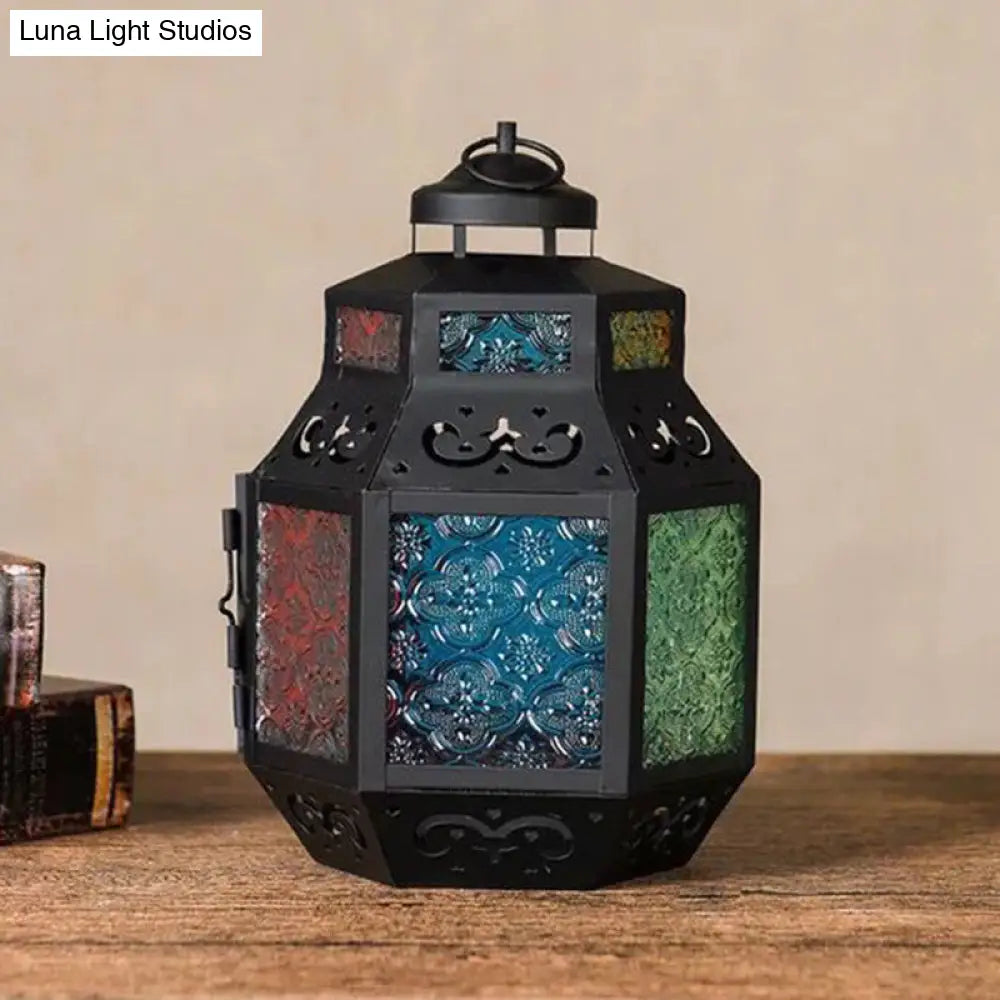 Turkish Style Black Metal Desk Lamp With Colorful Textured Glass Shade