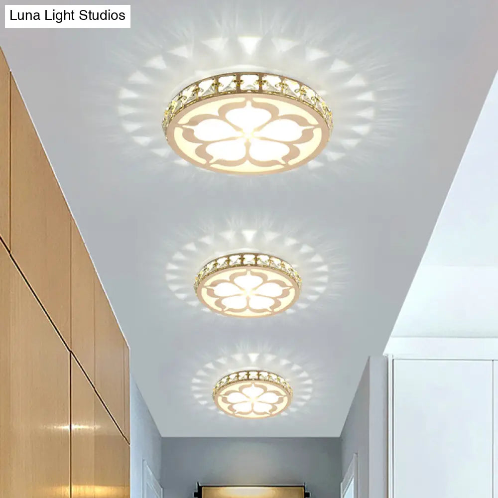 Ultrathin Round Led Crystal Flush Mount Ceiling Light With Flower Pattern - Elegant Corridor Lamp