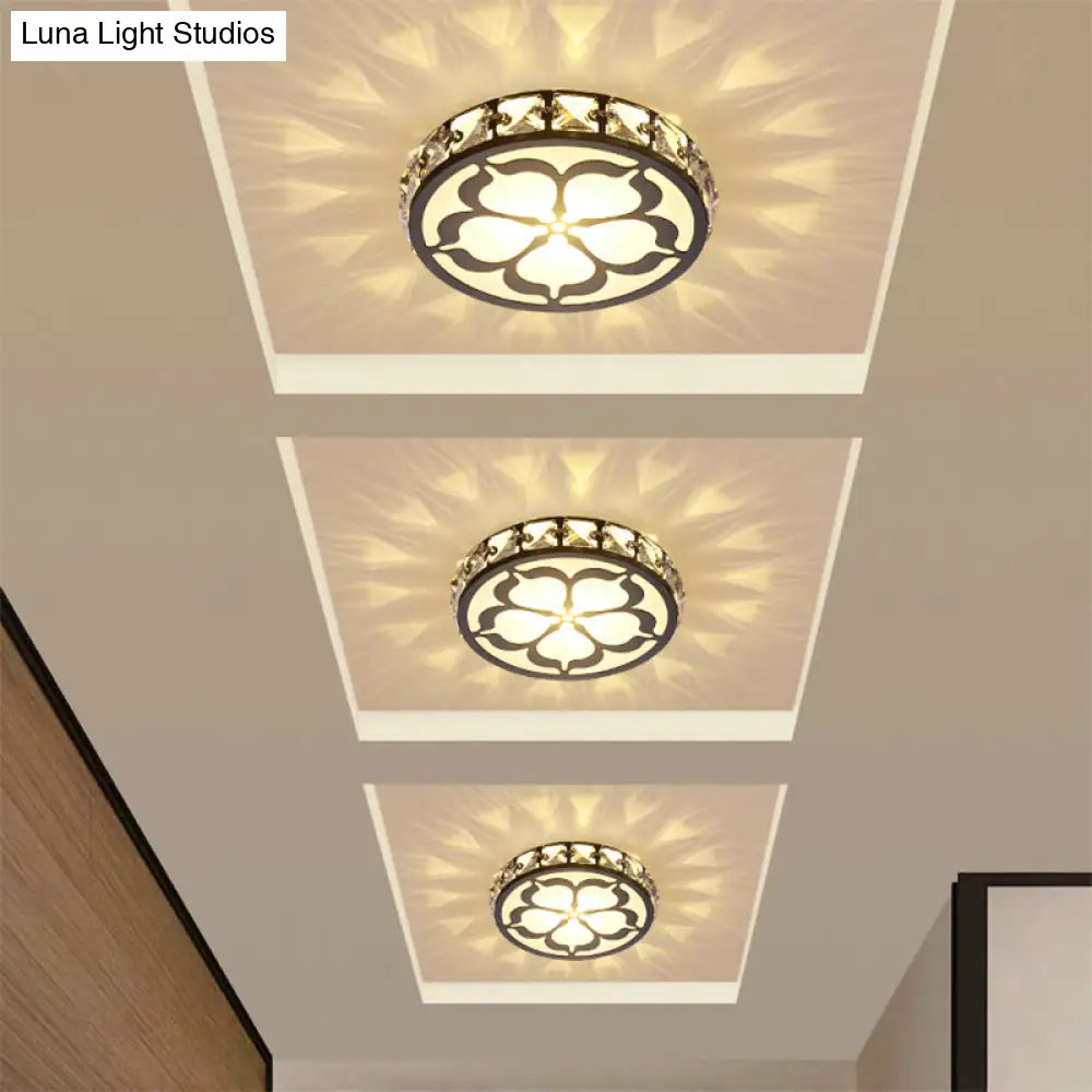 Ultrathin Round Led Crystal Flush Mount Ceiling Light With Flower Pattern - Elegant Corridor Lamp