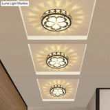 Ultrathin Round Led Crystal Flush Mount Ceiling Light With Flower Pattern - Elegant Corridor Lamp