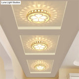 Ultrathin Round Led Crystal Flush Mount Ceiling Light With Flower Pattern - Elegant Corridor Lamp