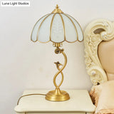 Umbrella Shaped Traditional Brass Nightstand Lamp - Cream Glass Single Table Light
