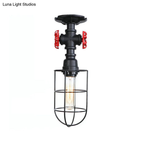 Valve Nautical Style Cage Metal Semi Flush Light - 1 Living Room Ceiling Fixture In Black/Bronze