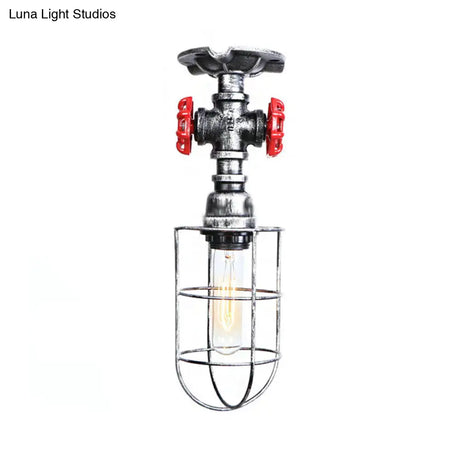Valve Nautical Style Cage Metal Semi Flush Light - 1 Living Room Ceiling Fixture In Black/Bronze