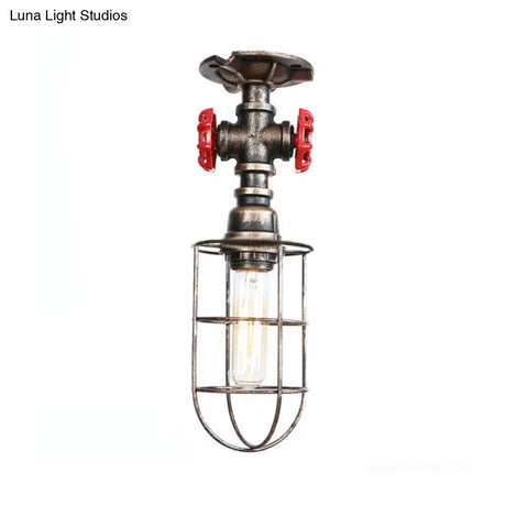 Valve Nautical Style Cage Metal Semi Flush Light - 1 Living Room Ceiling Fixture In Black/Bronze