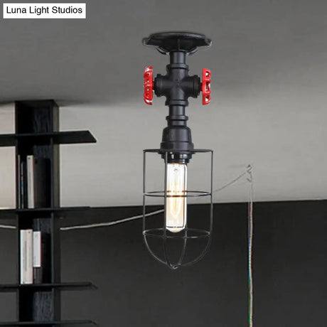 Valve Nautical Style Cage Metal Semi Flush Light - 1 Living Room Ceiling Fixture In Black/Bronze