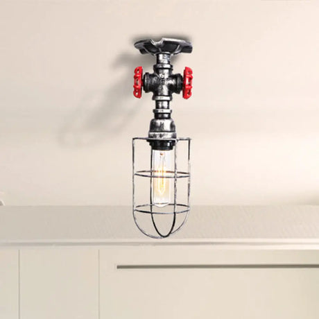 Valve Nautical Style Cage Metal Semi Flush Light - 1 Living Room Ceiling Fixture In Black/Bronze