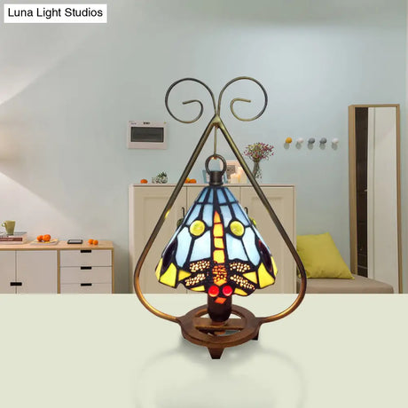 Vibrant Multi-Colored Tiffany Glass Desk Lamp For Cafe - Blue/Orange