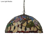 Victorian Bronze Dragonfly Chandelier With Stained Glass Pendant Lights
