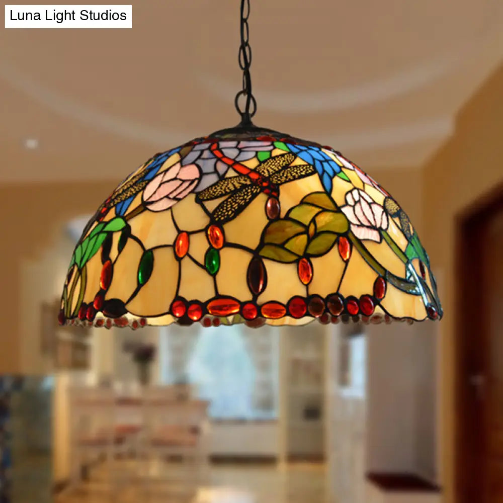 Victorian Bronze Dragonfly Chandelier With Stained Glass Pendant Lights