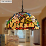 Victorian Bronze Dragonfly Chandelier With Stained Glass Pendant Lights