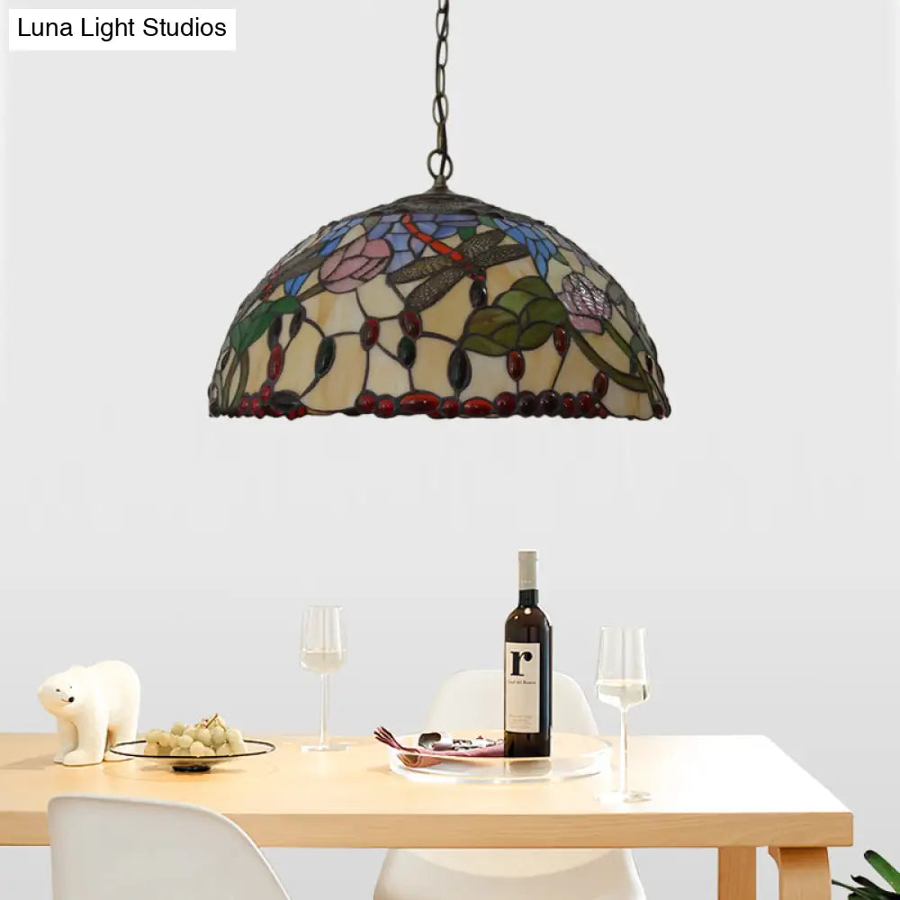 Victorian Bronze Dragonfly Chandelier With Stained Glass Pendant Lights