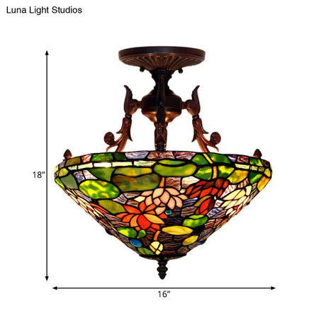 Victorian Bronze Semi Flush Light With Dome/Cone Red/Green Cut Glass Shade For Living Room