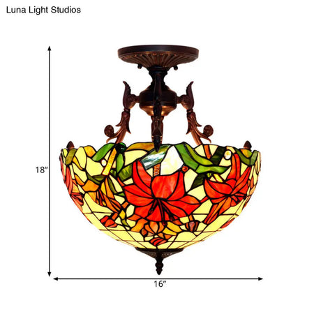 Victorian Bronze Semi Flush Light With Dome/Cone Red/Green Cut Glass Shade For Living Room