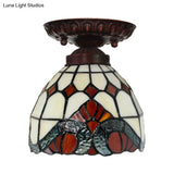 Victorian Ceiling-Mounted Stained Glass Light With Domed Design - 1 Flushmount Red/Pink/Orange