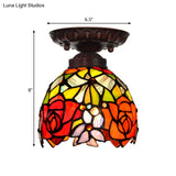 Victorian Ceiling-Mounted Stained Glass Light With Domed Design - 1 Flushmount Red/Pink/Orange