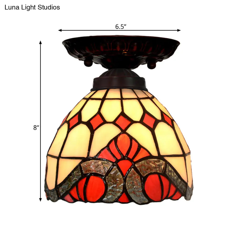 Victorian Ceiling-Mounted Stained Glass Light With Domed Design - 1 Flushmount Red/Pink/Orange