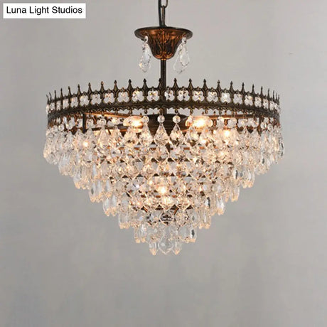 Victorian Clear Teardrop Crystal Chandelier For Living Room - Crown Shaped Hanging Lamp