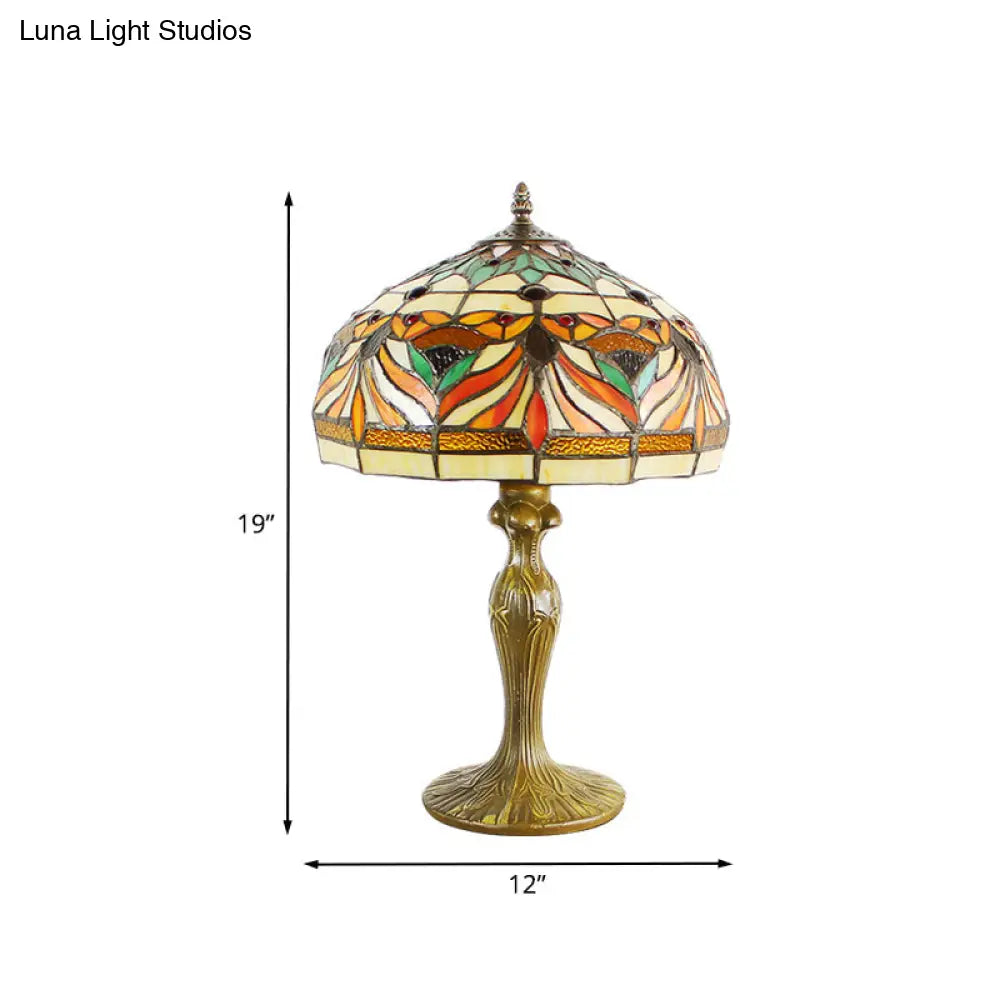 Victorian Cut Glass Nightstand Lamp With Fish Pattern - Bronze Dome Shade 1-Bulb Night Table Light
