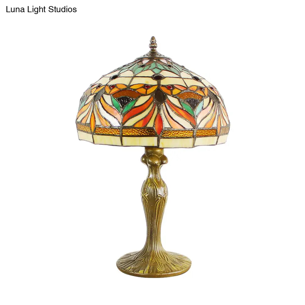 Victorian Cut Glass Nightstand Lamp With Fish Pattern - Bronze Dome Shade 1-Bulb Night Table Light