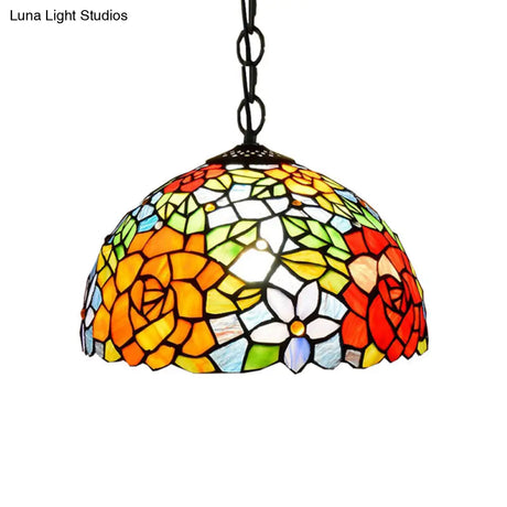 Victorian Dome Pendant Light - 12’/16’ Wide 1 Bulb Black Stained Glass Fixture
