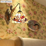 Victorian Dome Sconce Light With Beige Glass And Flower Pattern - 1 Head Bedside Wall Mount
