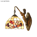 Victorian Dome Sconce Light With Beige Glass And Flower Pattern - 1 Head Bedside Wall Mount